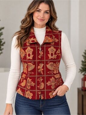 Vintage Christopher & Banks Tapestry Vest Small Burgundy Floral  Y2K 2001